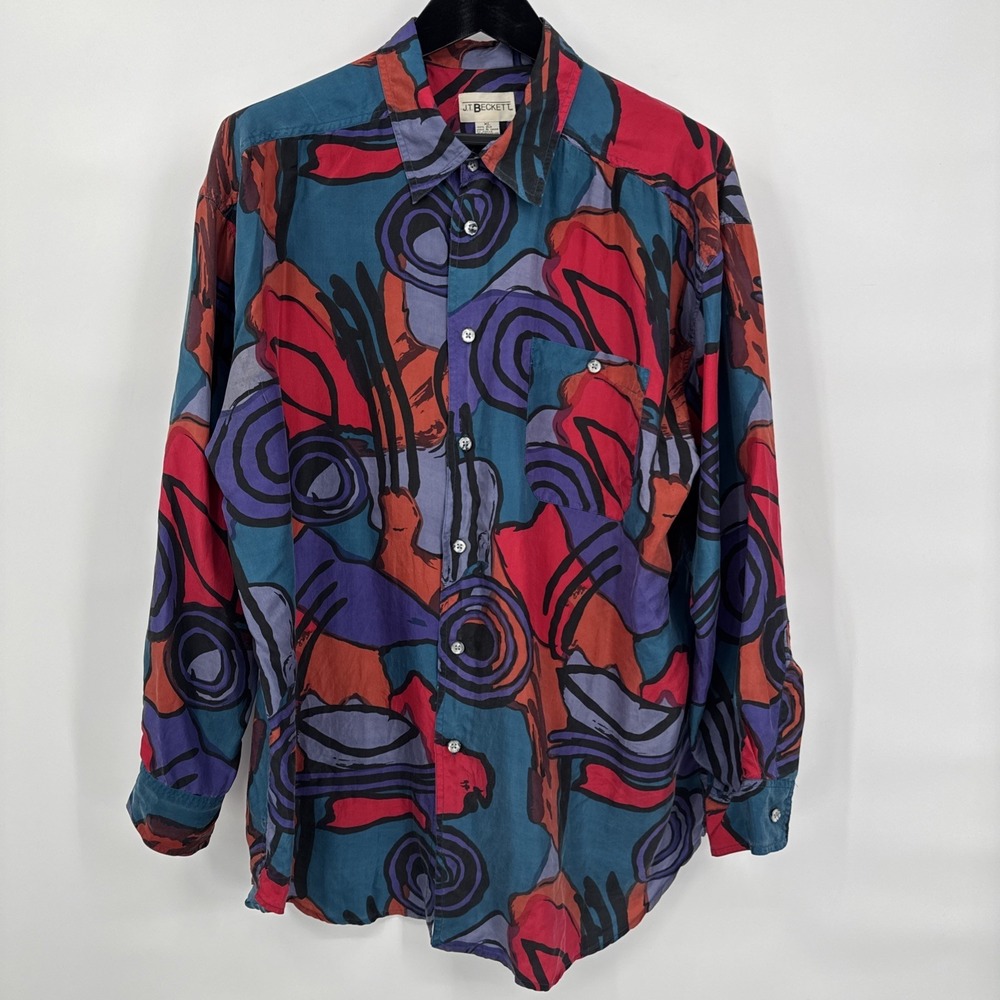 Vintage J.T. Beckett 100% Silk Abstract Button Front Shirt Men's Medium 90s